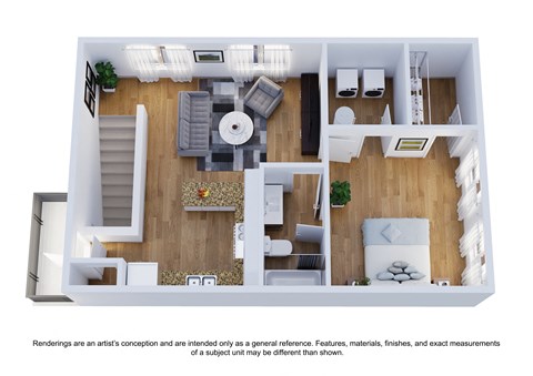 A top-down view of a modern apartment layout with a living room, dining area, kitchen, and bedrooms.